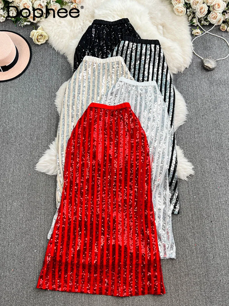 

Striped Sequined Fishtail Skirt Women Spring and Summer 2025 New Fashion Elastic High Waist Thin Mid Length Skirt Women Clothing