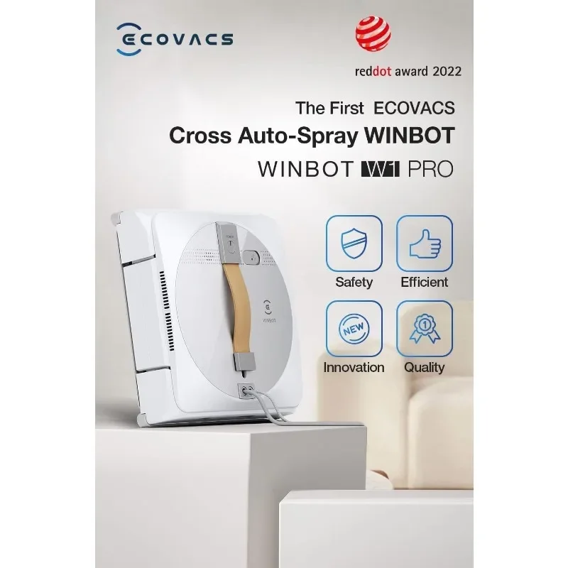 ECOVACS Winbot W1 Pro Robot pembersih jendela, pembersihan cerdas, teknologi semprotan air lintas ganda, perencanaan jalan Win SLAM 3.0