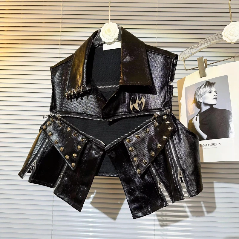 Original Design Dark Punk Style Sweet Cool Women's Short Jacket 2025 Autumn New Rivet Multi-Zipper PU Leather Waistcoat Ladies