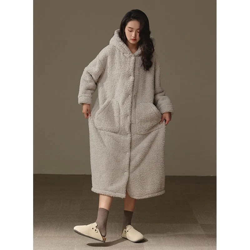 Long Style Gentleman Night Gown Bathrobe Dressing Gown Soft Plush Couple Pajamas Female Autumn and Winter Coral Fleece Hooded