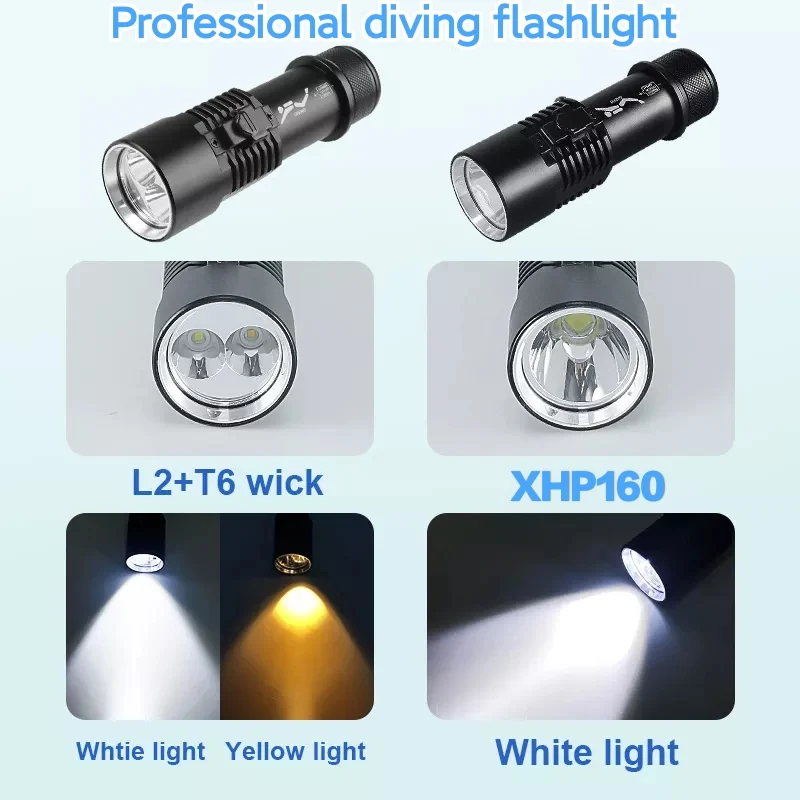 Professional Diving Flashlight Rechargeable XHP160 Diving Torch 1000m Underwater Lantern IPX8 Waterproof Flashlights