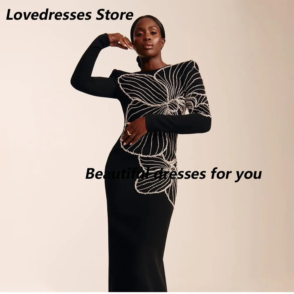 Abito da sera con perline di lusso Personalizzato manica lunga O-Collo Lunghezza pavimento Jersey Abiti da ballo Abiti da festa formali 2025