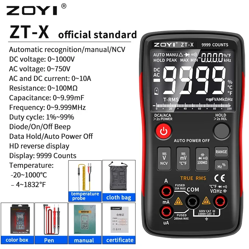 ZOYI Digital Multimeter ZT-X T-RMS Auto Range EBTN LCD Display DC/AC Voltmeter Ammeter Current Capacitor Ohm Temp Hz NCV Tester
