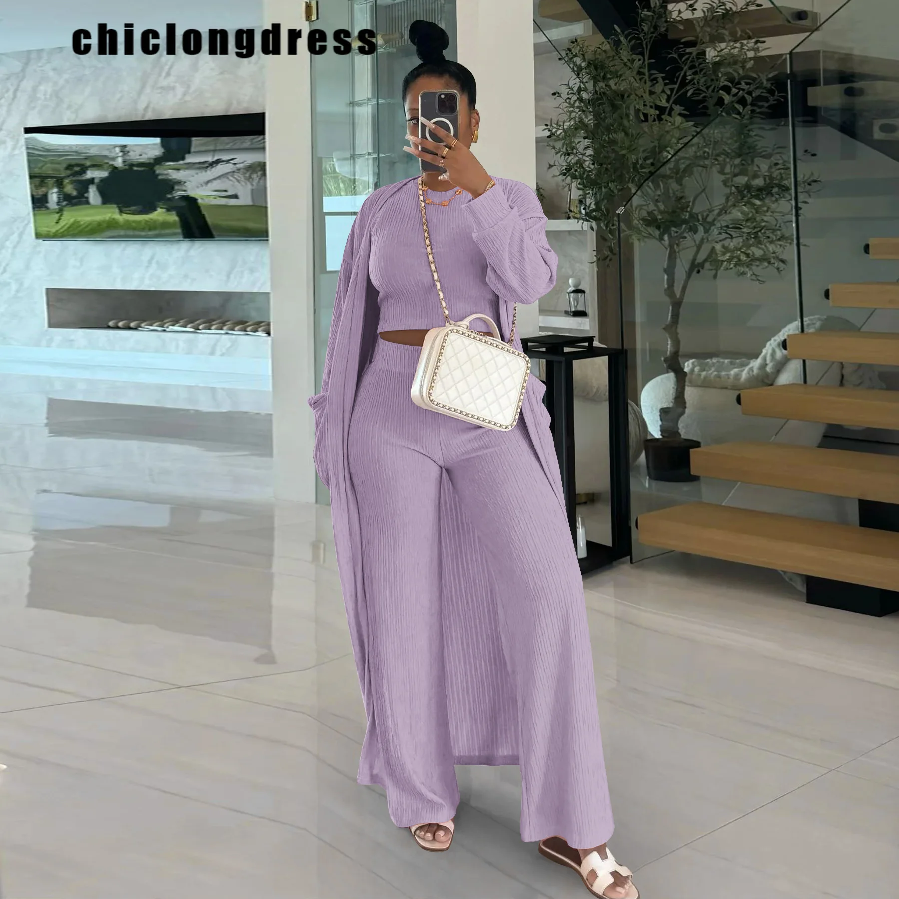 Autumn Fashion Solid Three Piece Set Women Casual Sleeveless Vest Long Cardigan Wide Leg Pants Three Piece Set Women