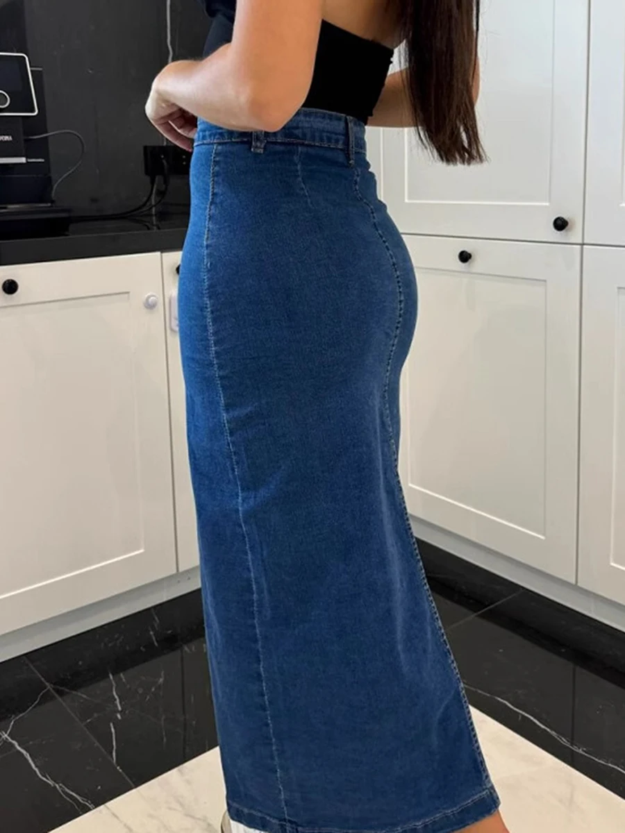 Women's High Waist Denim Skirt Solid Color Oblique Button Up Long Skirt for Travel, Beach, Shopping