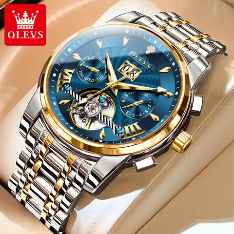 OLEVS 9965 Orologi automatici da uomo Orologio da polso meccanico con volano scheletrato di lusso originale Orologio da uomo d'affari con calendario classico