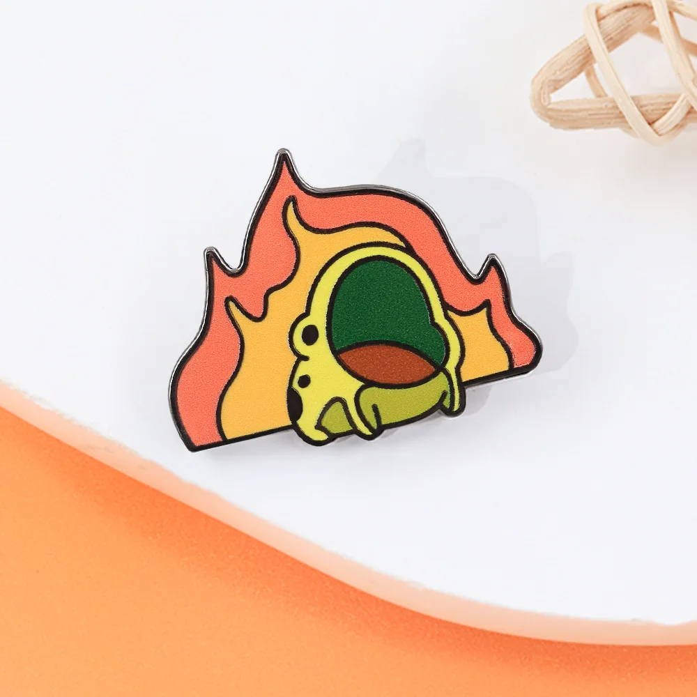 Cartoon Enamel Pin Frog in Flame Pattern Brooch Hilarious Calm Frog Badge Fire Background Lapel Pin Humorous Decorative Jewelry