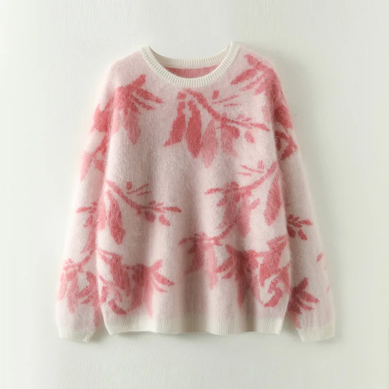 

Chic Autumn Winter Women 100% Cashmere Sweater O-neck Plush Cashmere jacquard Comfy Brush Cashmere Knitwear Loose Pullover Tops