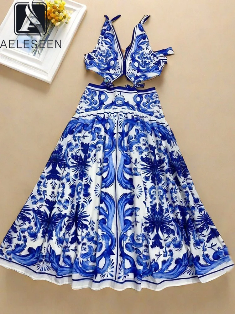 

AELESEEN Sicilian Summer Long Dress Women V-Neck Blue Yellow Porcelian Printed Hollow Out Bow Elegant Beach Holiday Ladies