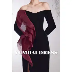 YUMDAI Luxury Black Velvet Evening Dress 2024 Wedding Party High Slit Formal Dress Guest Red Organza Ruffle Bodycon Dress