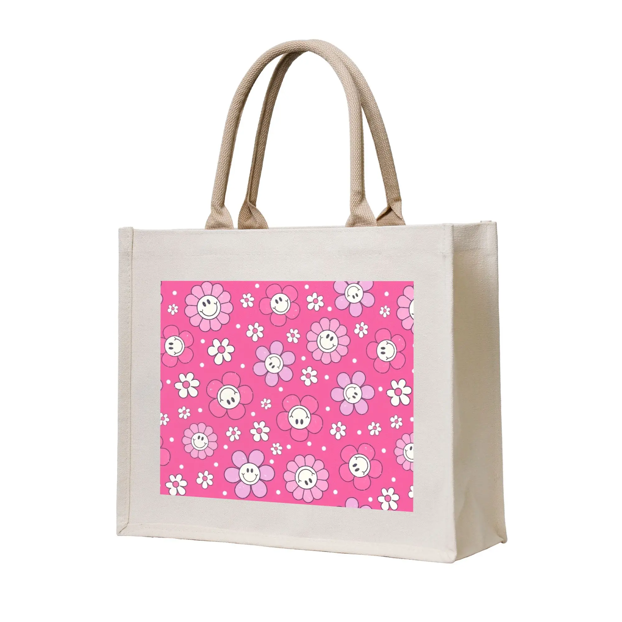 Happy Face Daisies  Grocery Shopping Bags Funny Shopper Tote Shoulder Bags Large Capacity Portable Hot Pink Flowers  Handbag