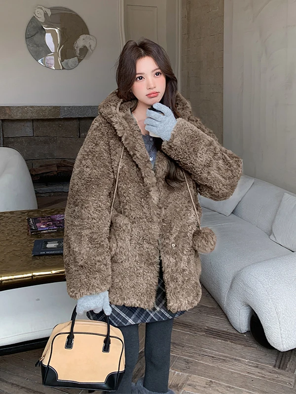 Double-Sided Wear Lamb Fur Jaet Women's ort Sle Autumn Winter Thiened Warm Casual Loose Fit Leather And Fur Inteated