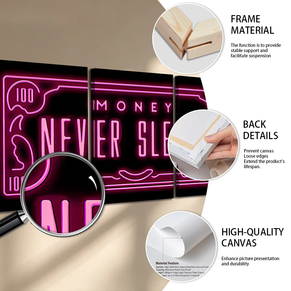 3pcs/Set Wooden Frame Canvas Wall Art, Neon Money Never Sleeps Quote Print, Living Room Bedroom Kitchen Office Home Decor - view 5