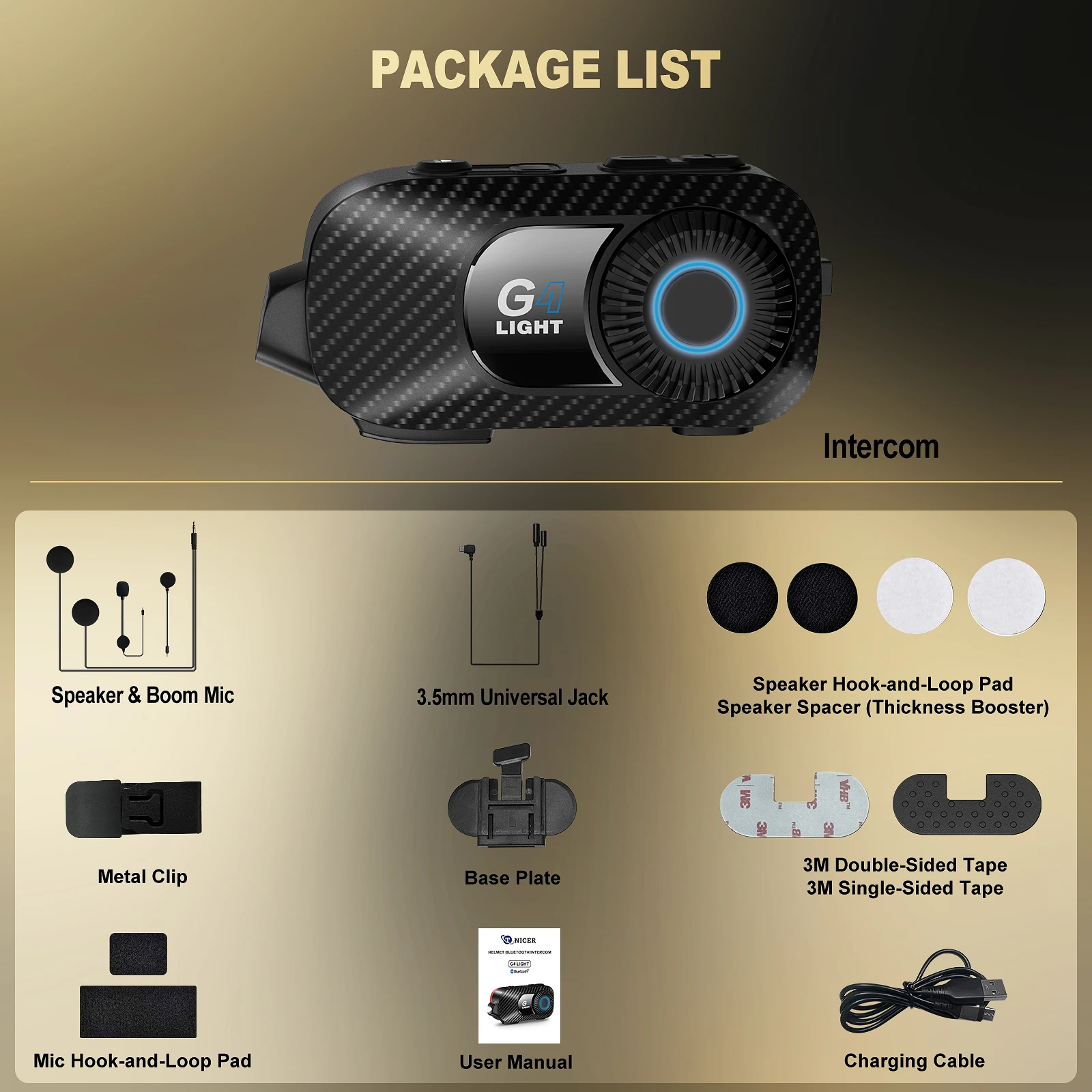 TNICER G4Light tandem motorcycle walkie-talkie, 600-meter communication range, LED light, Bluetooth 5.2, 2000mAh battery.