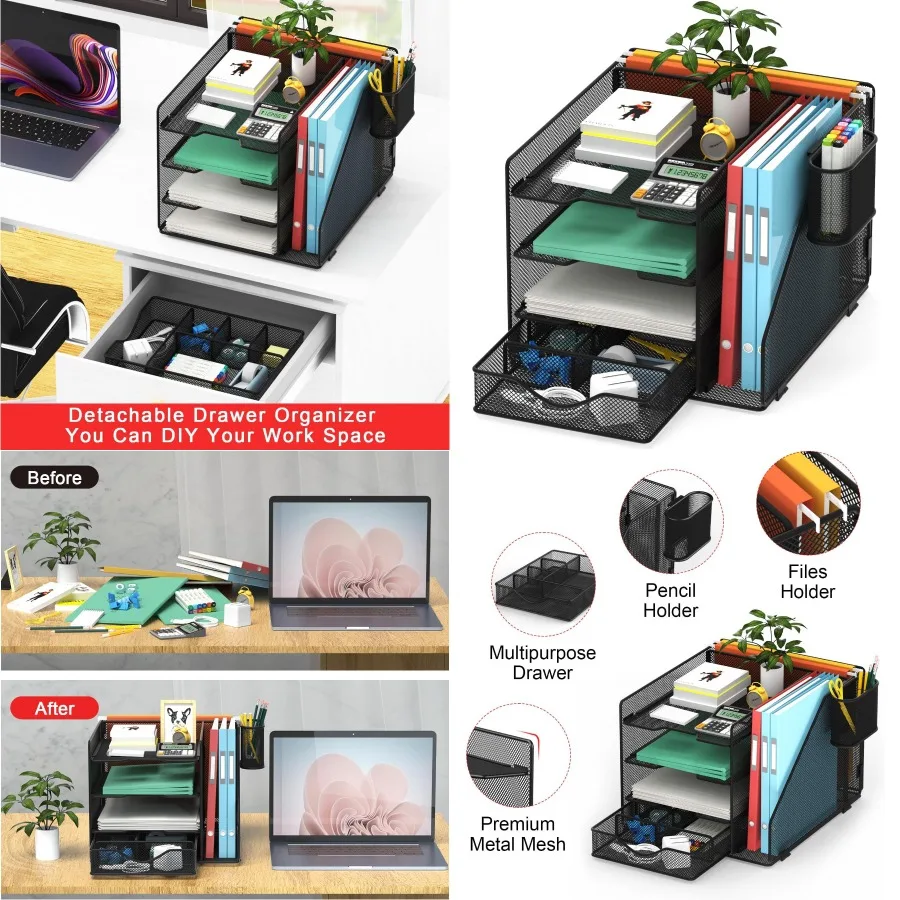

Black Mesh Desktop Organizer with Hanging File Holder Paper Letter Tray Drawer and Pen Holder for Efficient Office Supplies Sto