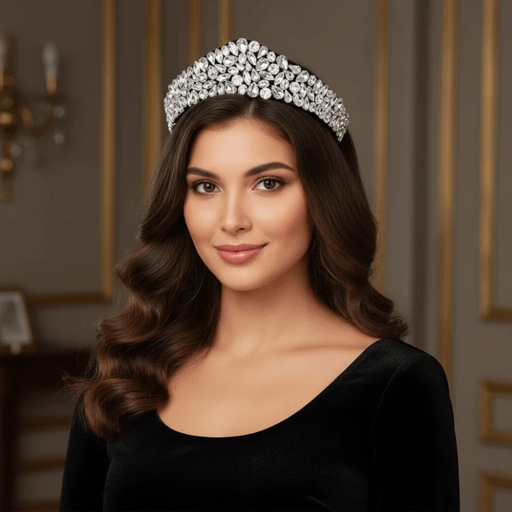 Elegant Headwear Rhinestone Crown European Style Wide Edge Princess Party Headband Rhinestone Hair Hoop Party