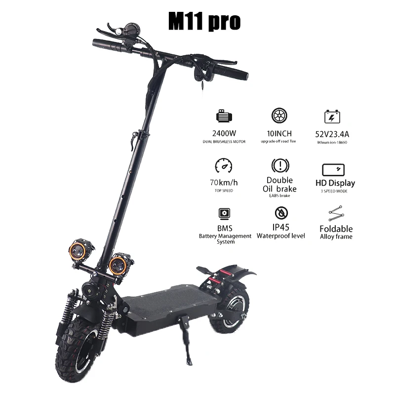 M11 Pro Dual Motor All Terrain Scooter Adults 48v 2400w 10inch 70km/h Electric Scooter for Adults