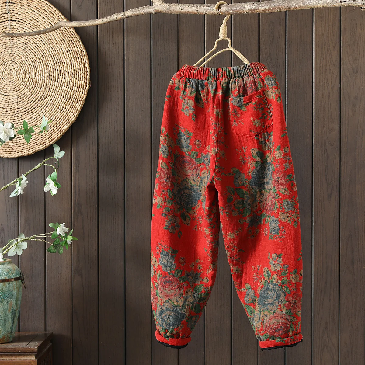 Indie Folk Vintage Floral Women Cotton Trousers 2024 New Winter Casual Loose Carrot Pants Quilted Windproof Wide Leg Pants