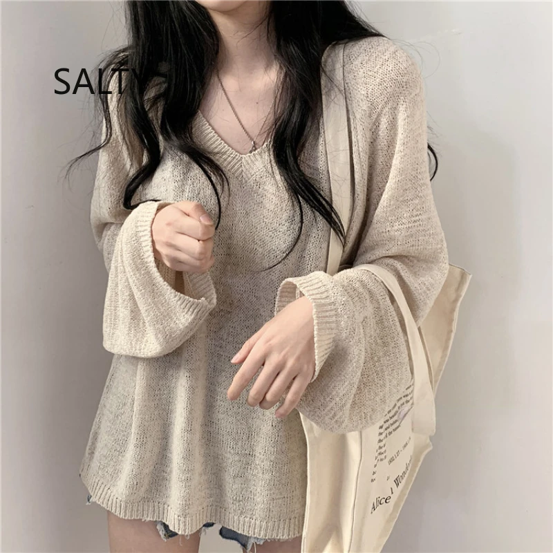 V-neck Knitwear Women 2025 New Autumn Solid Color Tops Loose Style Long-sleeved Office Pullovers Female