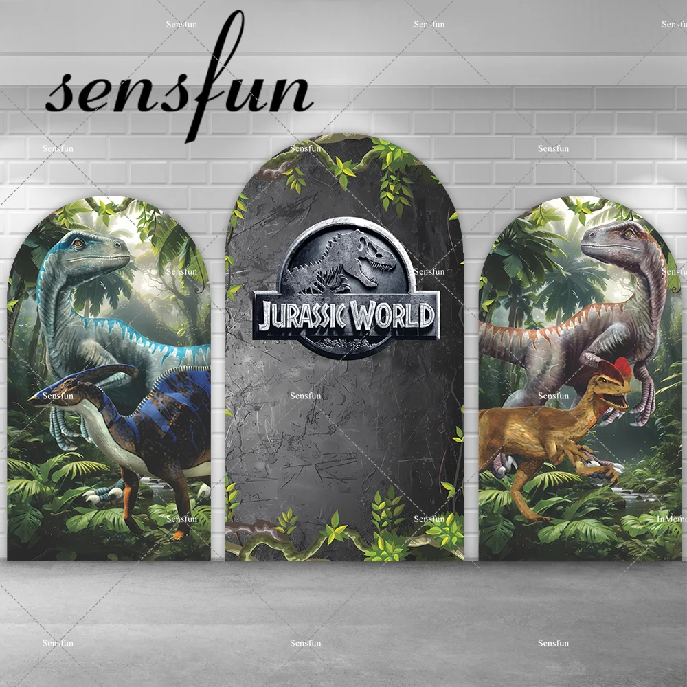 

Boys Dinosaur Theme Birthday Party Arch Backdrop Cover Forest Green Leaves Kids Jurassic World Photo Backgrounds Double-sided