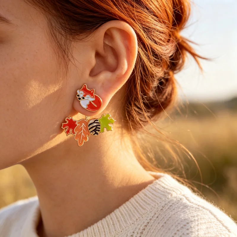 Cute Fall Dangle Stud Earrings for Women Cartoon Fox Pumpkin Maple Leaf Acorn Enamel Drop Earrings Thanksgiving Fashion Jewelry view 5