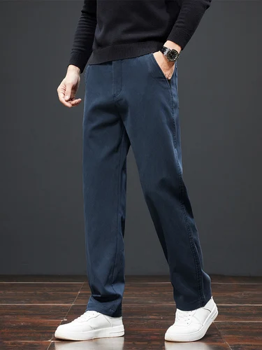 Imagen 2 del producto OUSSYU marca Otoño Invierno alta calidad Lyocell tela pantalones casuales hombres cintura elástica pantalones gruesos rectos hombre de talla grande 40