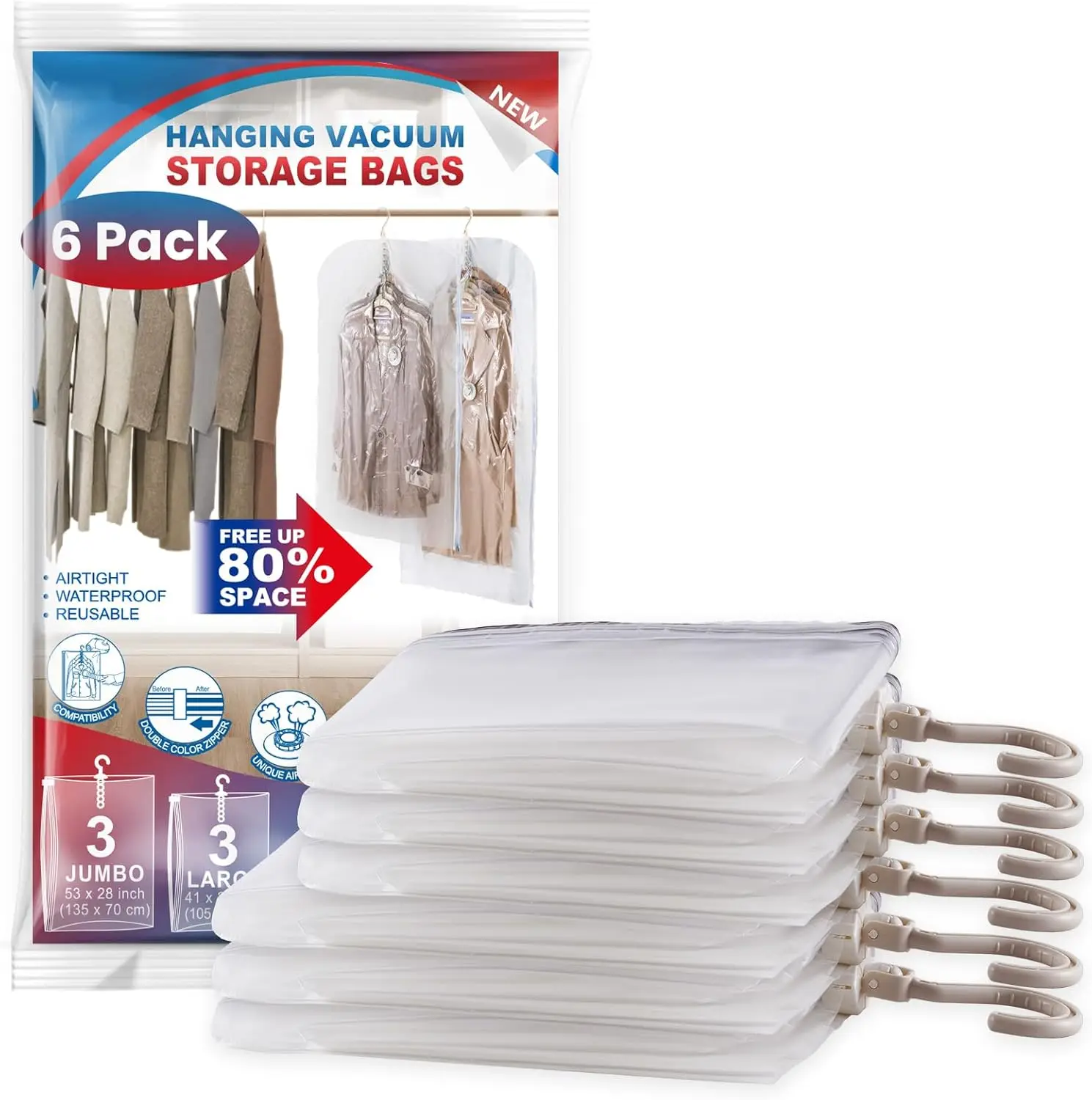 

6-Pack Hanging Vacuum Storage Bags for Clothes, Space Saver with Sealed Design for Moving Supplies
