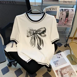 2024 New Summer Bow Print Diamonds Sweater Women Knitted T-Shirt Vintage Fashion Short Sleeve Casual Pullover Knitwear Tops Tees