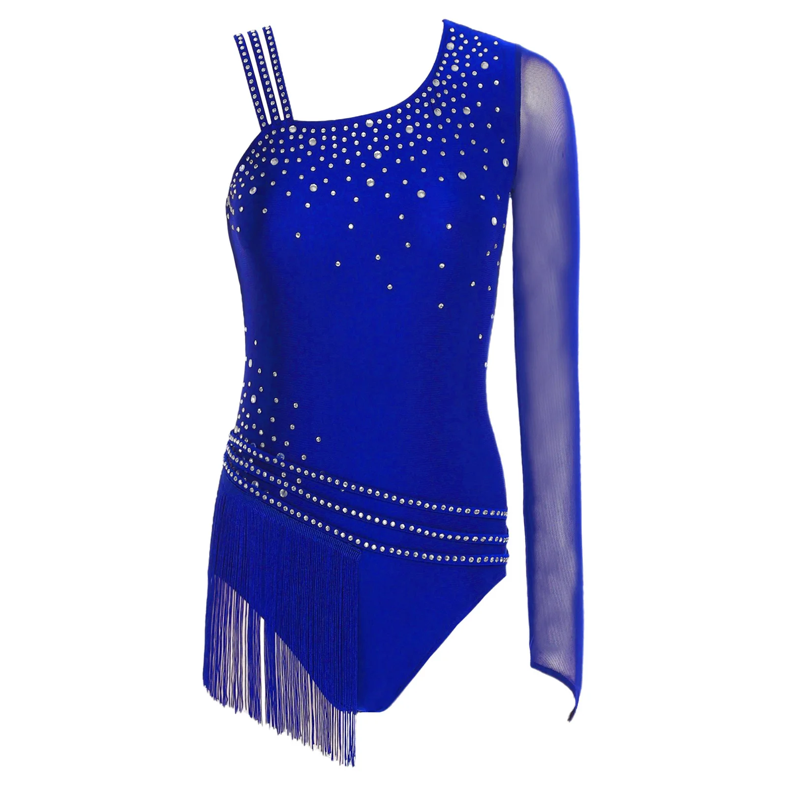 Women Rhythmic Gymnastics Figure Skating Leotards One Shoulder Glittery Rhinestone Tassel Fringe Bodysuit Latin Ballet Dancewear
