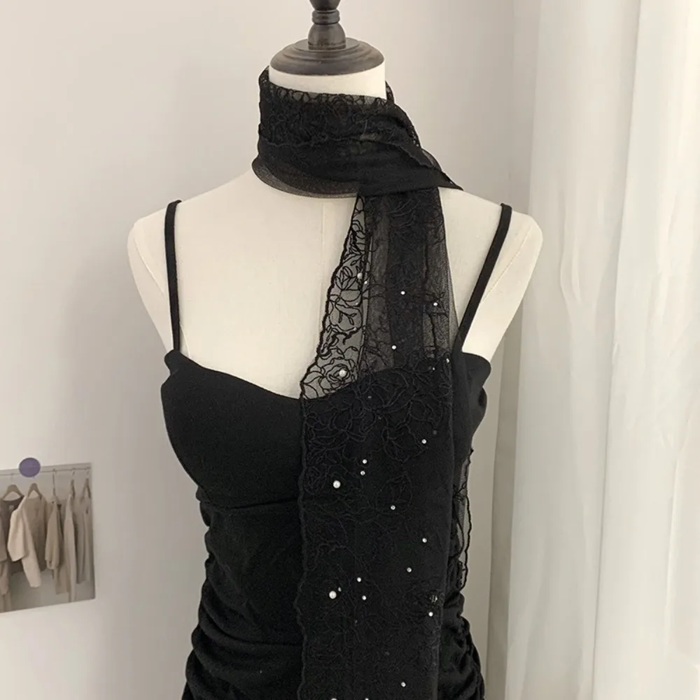 

Fashion Embroidered Flower Long Scarf Foreign Style Diamond-encrusted Triangle Scarf Pearl Lace Silk Scarf