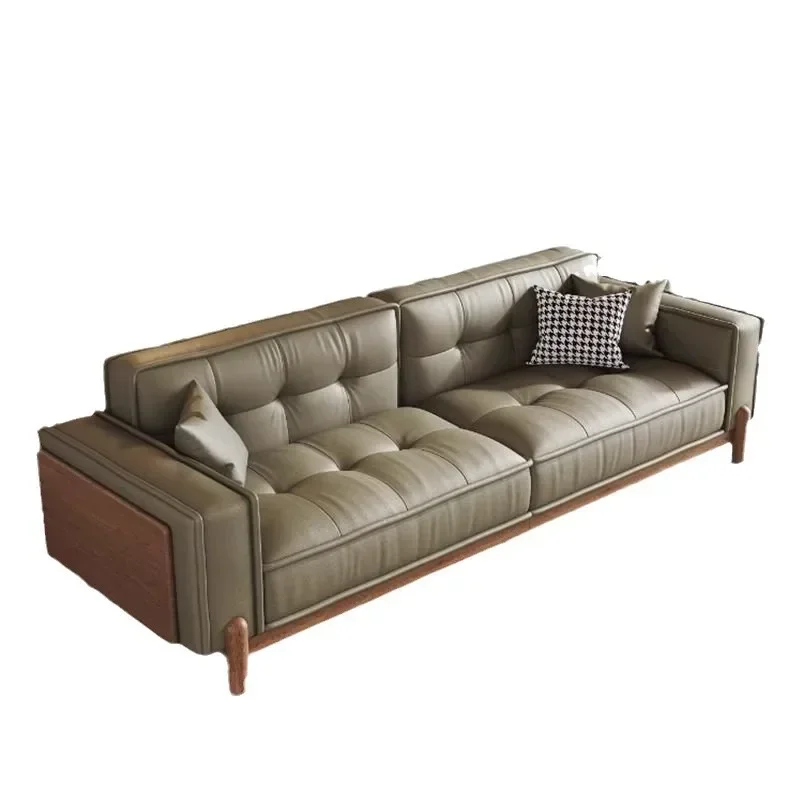 

Retro American retro style, solid wood living room sofa sofa, small apartment antique walnut, straight row cowhide