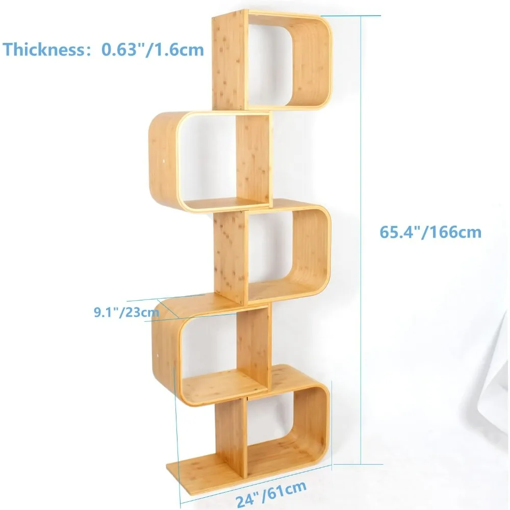 Book Shelf for Books 5-Tier S-Shaped Geometric Modern Bamboo Bookshelf Office Living Room Bookshelves Shelves Bookcase Bookcases