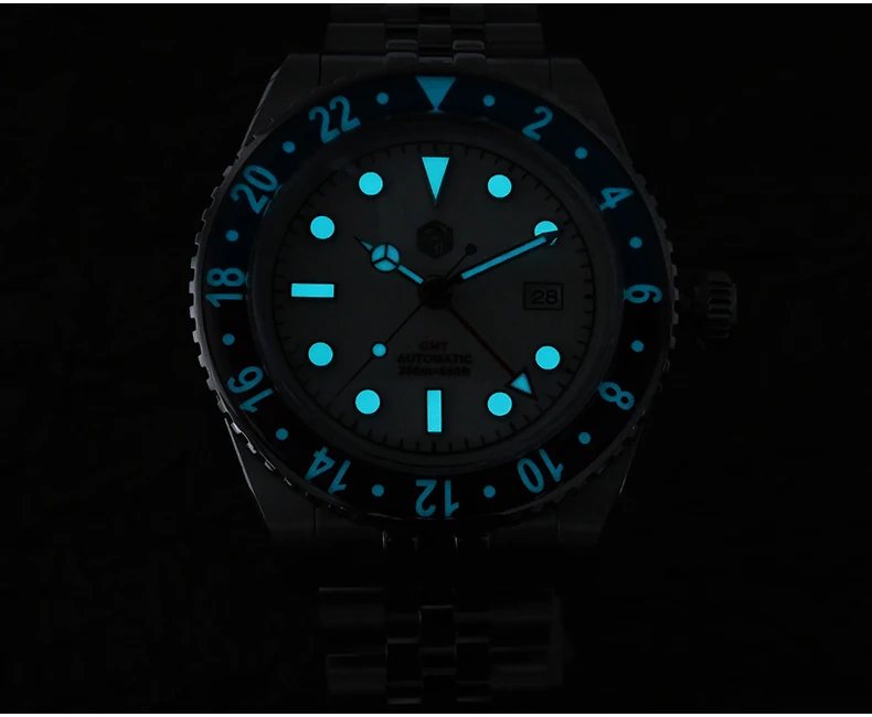 San Martin Mens GMT Watches Automatic Watch Mechanical Wristwatch 20ATM Waterproof BGW-9 Luminous Sapphire Bidirectional Bezel