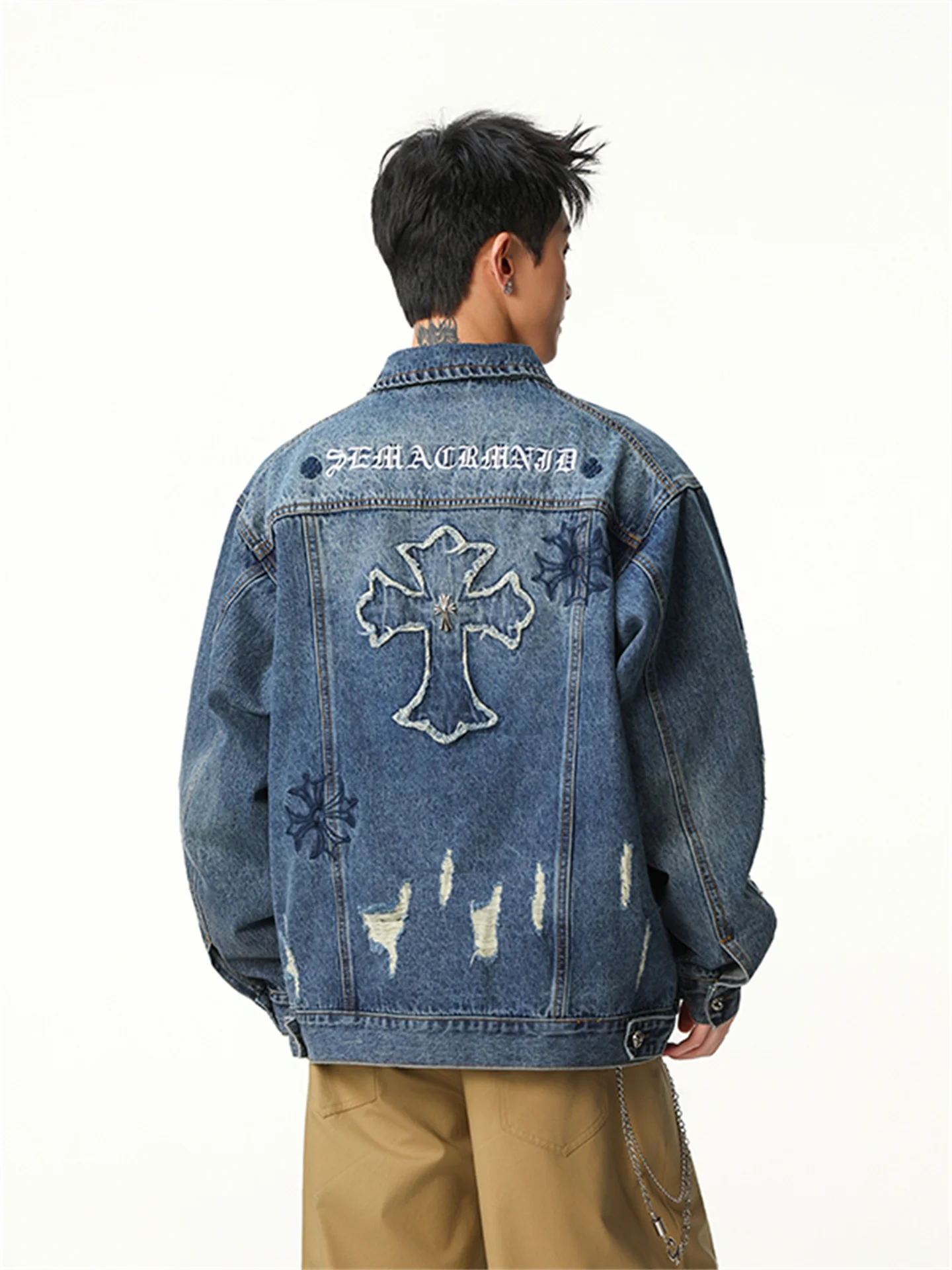 

Мужская джинсовая куртка с тяжелой вышивкой и рваными элементами, в американском ретро-стиле, премиум-класса, с отложным воротником, для мальчиков