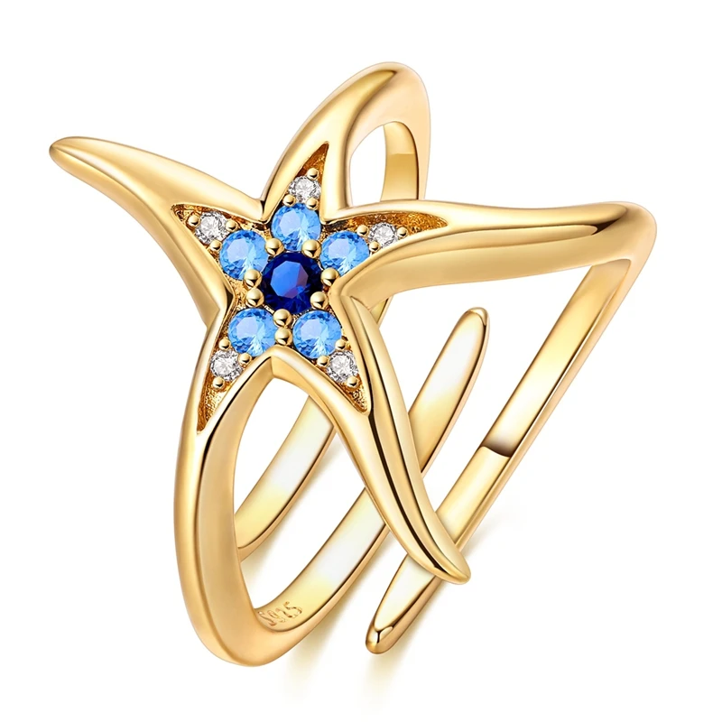 

Original 925 Sterling Silver Ring Sparking Gold Starfish Open Rings For Women Girls Jewelry Birthday Anniversary Gifts