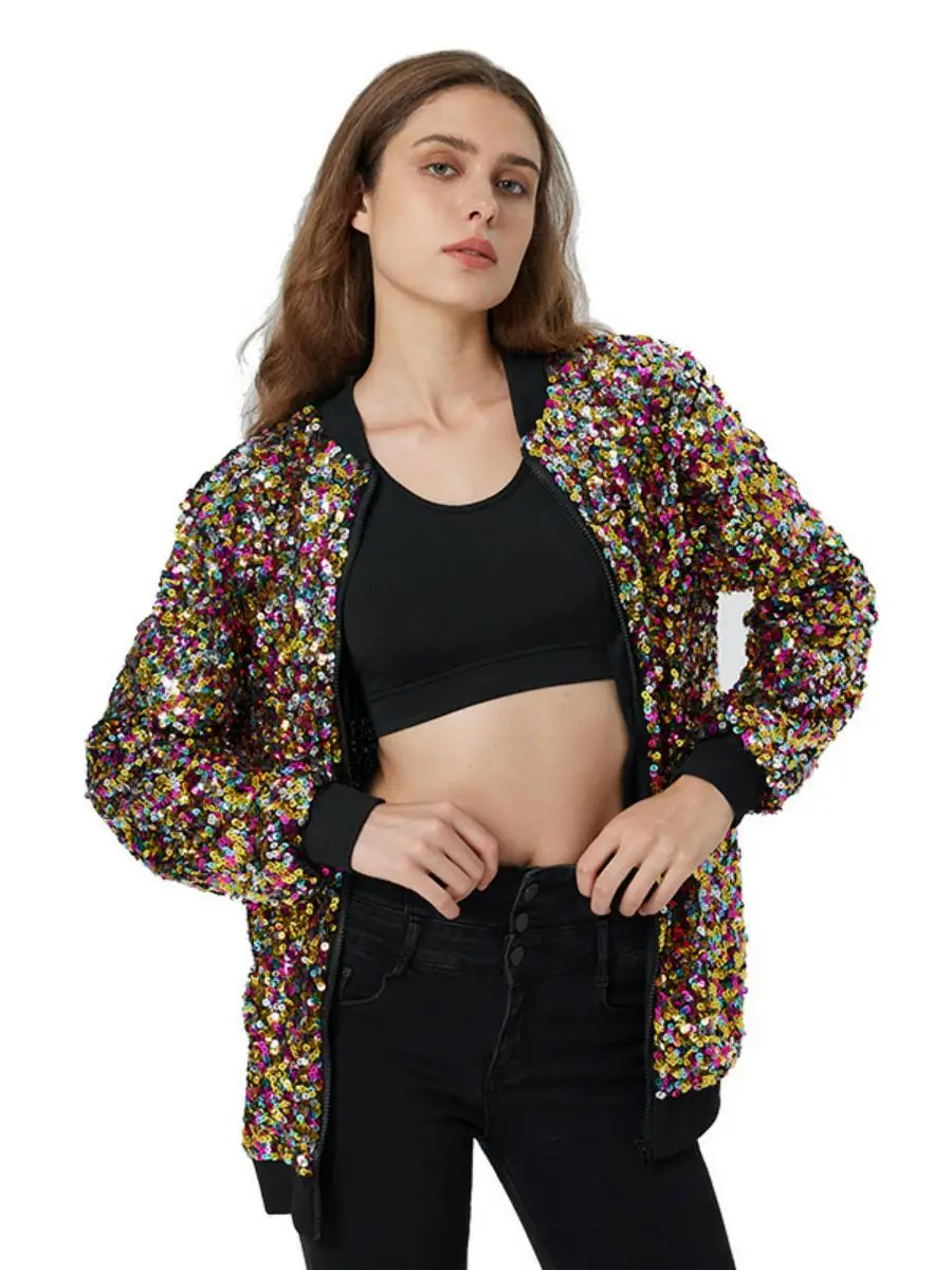 iny الترتر طويل Sve سستة Jaet ex البيسبول orm Faion الهيب هوب ملابس خارجية المرأة موسم الربيع نسيج البوليستر