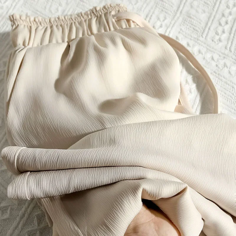 

High Waist Satin Silk Pants Woman Casual Loose Straight Trousers High Quality Wide Leg Pants Women Vintage Drawstring