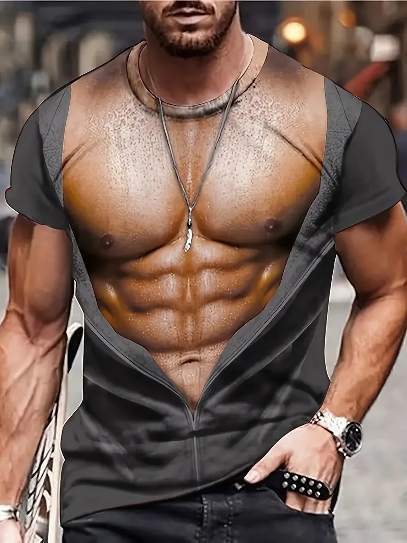 3D Digital Muscular Male Body Pattern Crew Neck And Short Sleeve T-shirt Novel And Stylish Summer Tops For Outdoors Casual Tops image 4