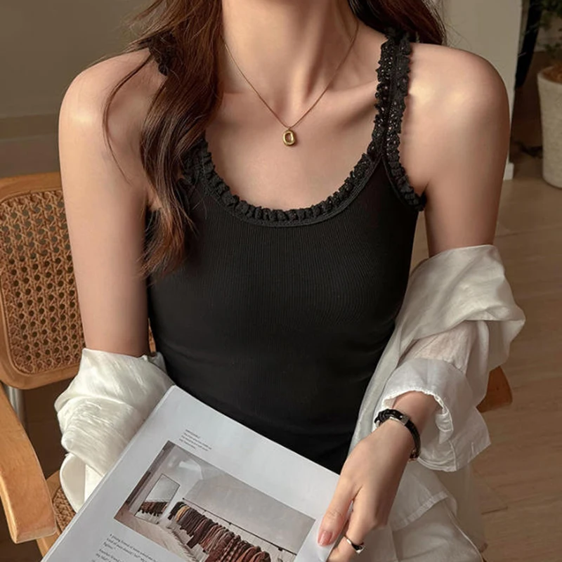 2026 Summer Basic Lace Knitting Camisole Women Korean All Match Slim Fit Sleeveless Tank Tops Woman Comfy Elastic Bottoming Vest