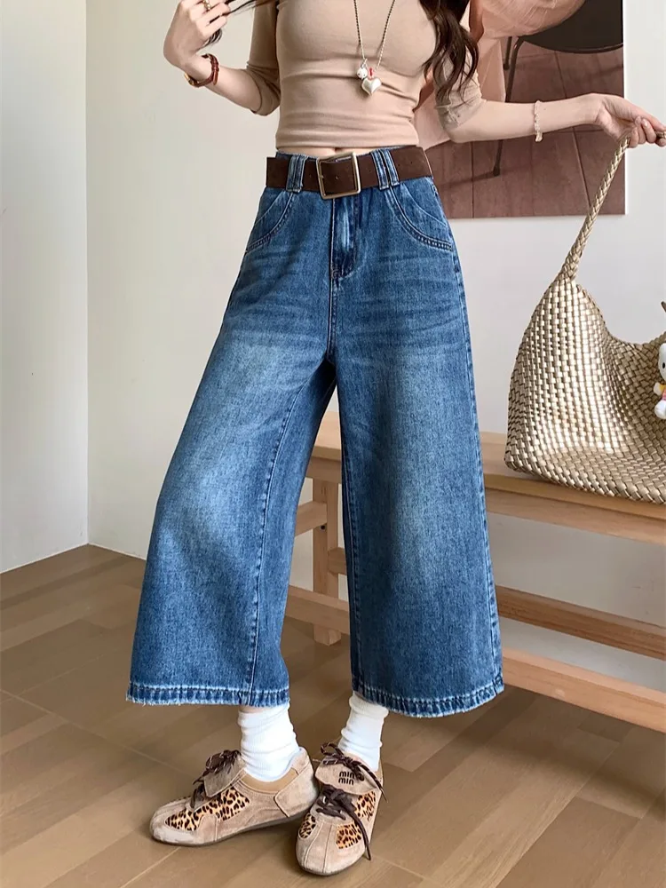 

Retro American Blue Washed Denim Jeans High Waist Slim Wide Leg Seven-Foot Spring Casual Style Women's Premium Quality Pants