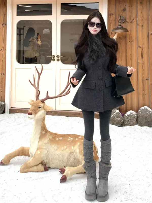 

Korean High-End Faion Slim Fit Woolen Coat Sli Waist-Cinching Outerwear Retro Commute Sle Long Sve Soft Comfortable