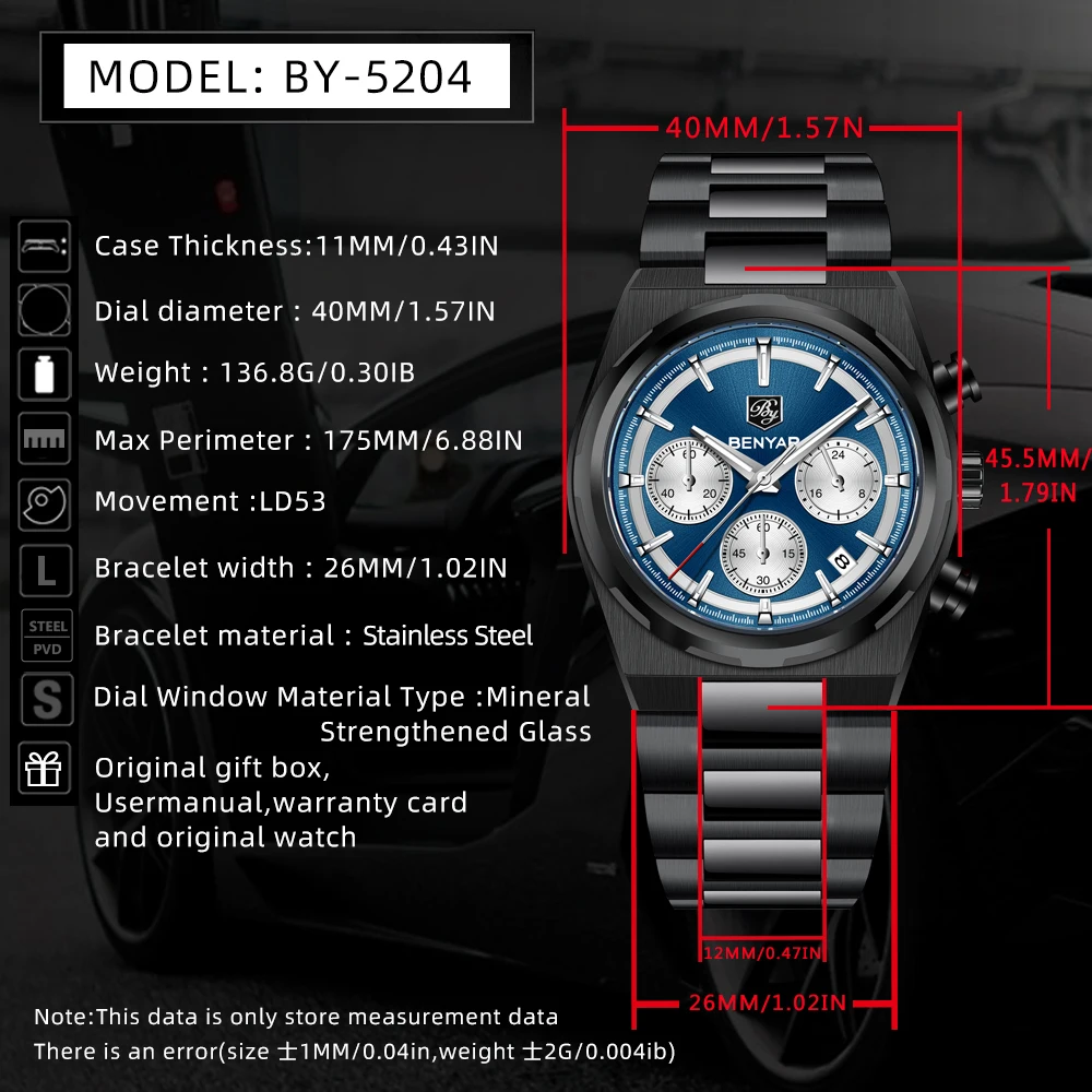BENYAR New Watches Men Quartz fashion Brand Chronograph Male Sport Black Watches Waterproof Stainless Steel business Watch 2024