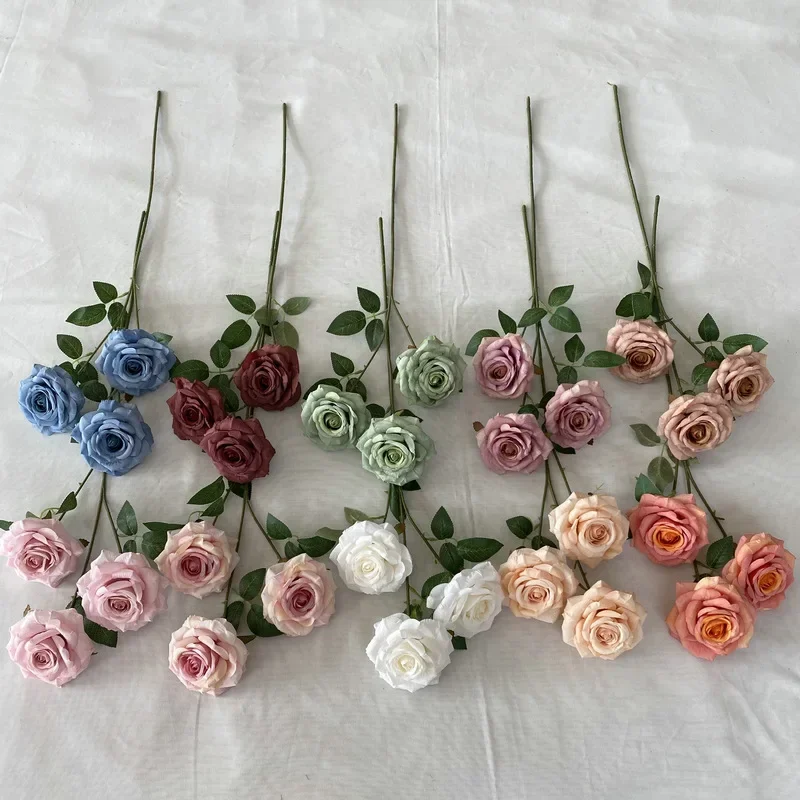 Artificial Velvet Roses Fake Flowers Wedding Decor Simulation 3 Heads Diamond Rose Branch Pink White Flower Hall Decoration