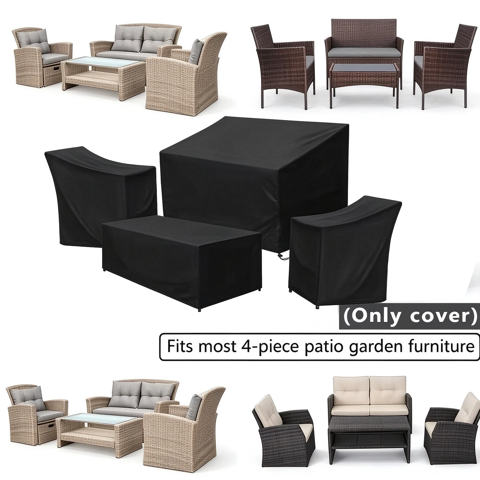 4Pcs Outdoor Rattan Sofa Cover Set 210D Oxford Heavy‑Duty Waterproof Windproof Black Drawstring Patio Furniture Protector