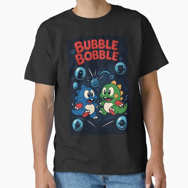 

80's Arcade Game 1027 Cute Dinosaurs Bubble Bobble Anime Gift t shirt Short Sleeve Cartoon Graphic Clothes All size Tops S-6XL