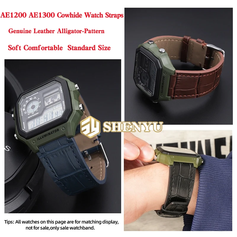 

AE1200 AE1300 Cowhide Crocodile Pattern Strap For Casio Small Square Modified Raised Soft Cowhide Band Men watch bracelet 18mm