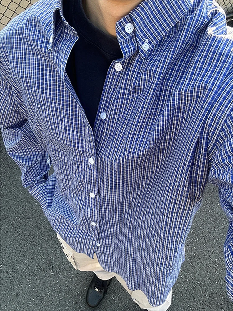 

Blue Plaid Long Sve irt American Sle Retro Layering Men's Clothing Lazy Sle Cleanfit Jaet Loose Fit Contrast Color