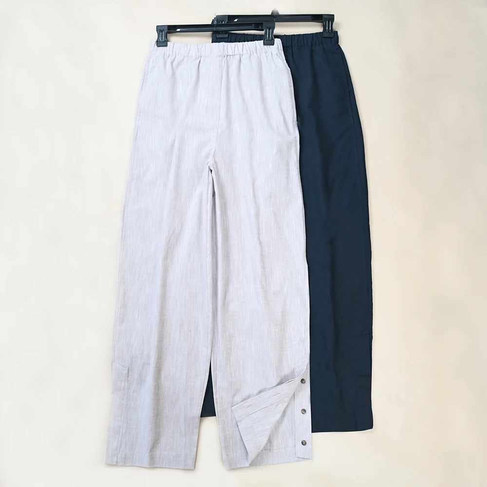 

New Women's Casual Versatile Linen Tubular Long Pants High Waist Straight Leg Pants Button Decoration Elastic Hem
