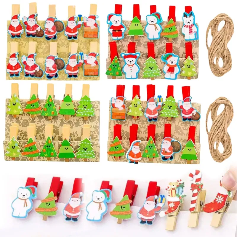 

Christmas Wooden Clips with Jute Twine Photo Card Holder Xmas Holiday Party Decor DIY Photo Craft Clothespin Santa Snowman Decor