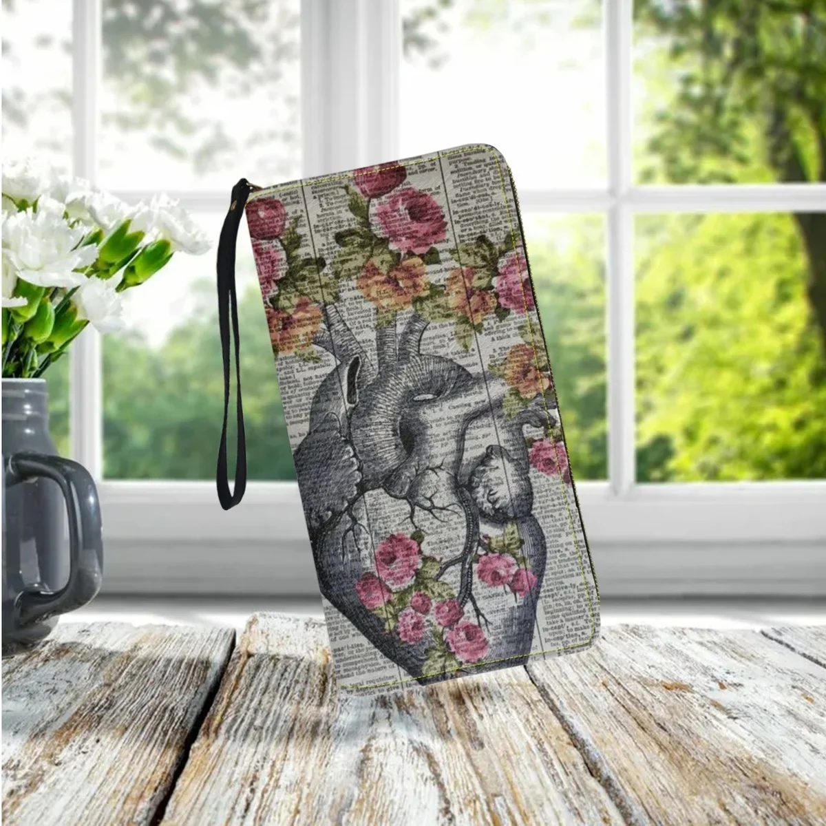 Heart Peony Anatomy Botanical Flower Vintage Print Long Wallet PU Leather Small Coin Purse Girls Student Mini Phone Card Holder